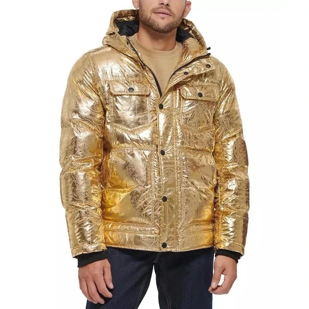 Levi's Puffer Jacket Men's L Gold Bandana Paisley Quilted Hooded  X2814 $225 - Picture 2 of 14